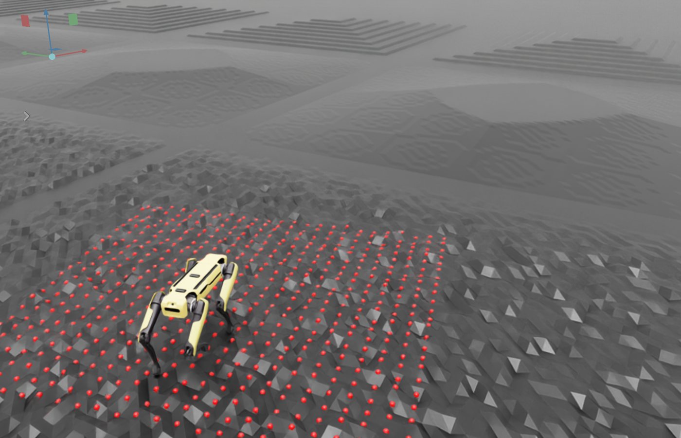 A quadruped robot standing on simulated rough terrain, surrounded by a grid of sampled height points